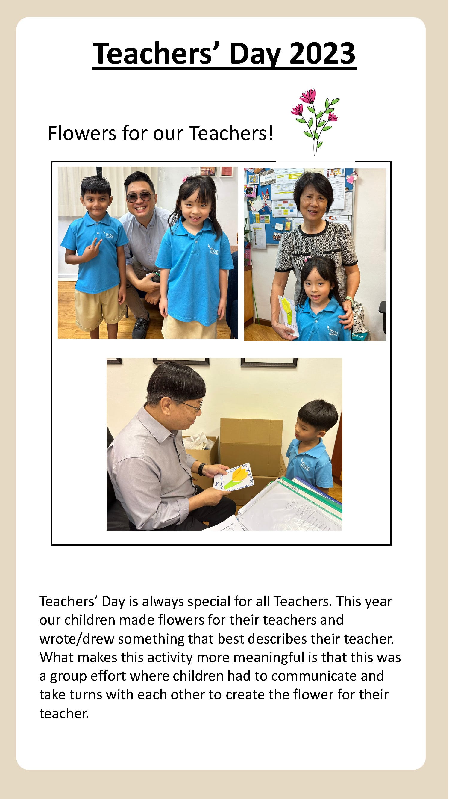 Children present handmade flowers and appreciation cards to teachers, celebrating gratitude, teamwork, and meaningful teacher-student bonds.
